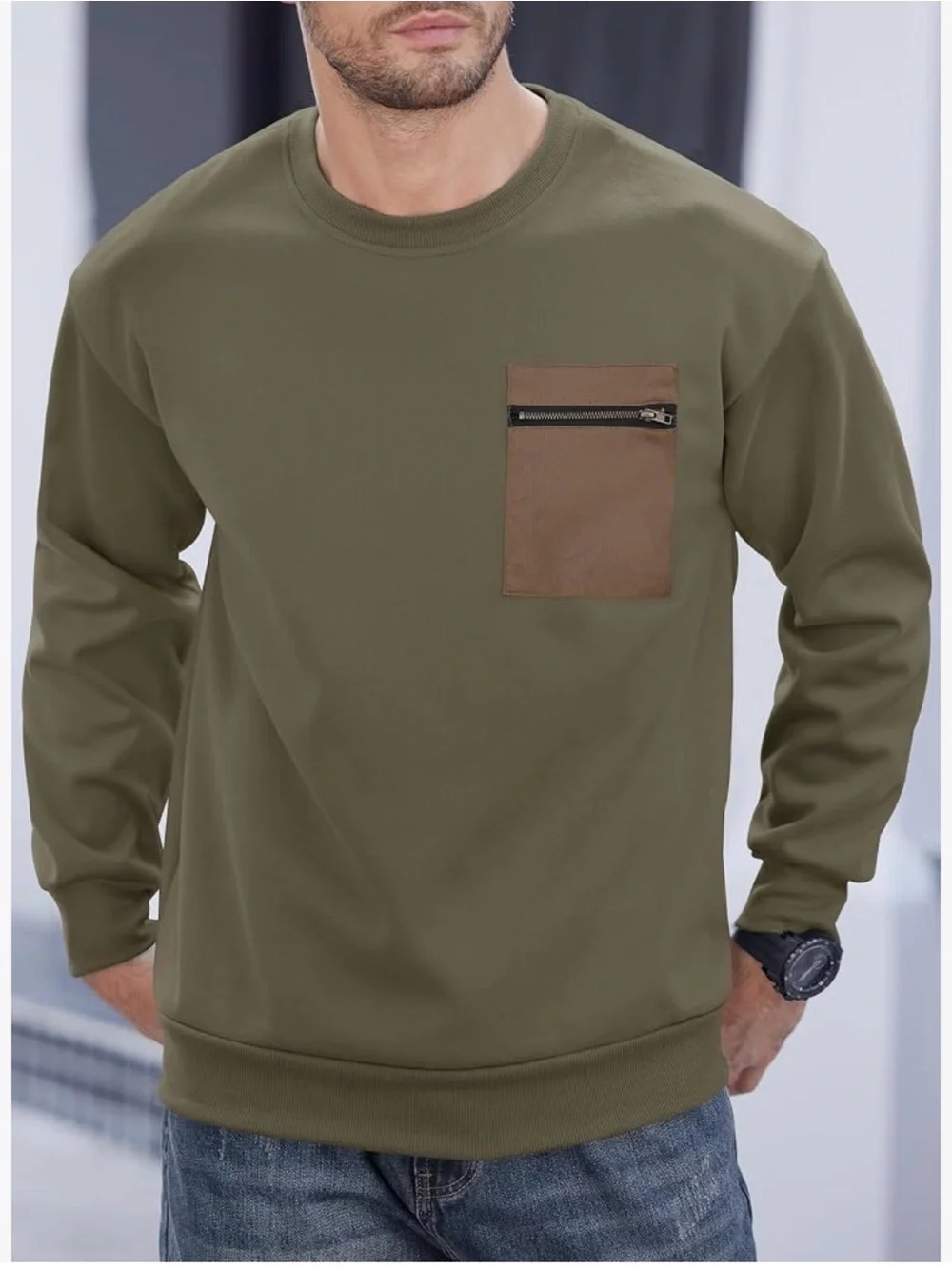 NWOT Men's Olive Green Crewneck Sweatshirt with Contrast Chest Pocket